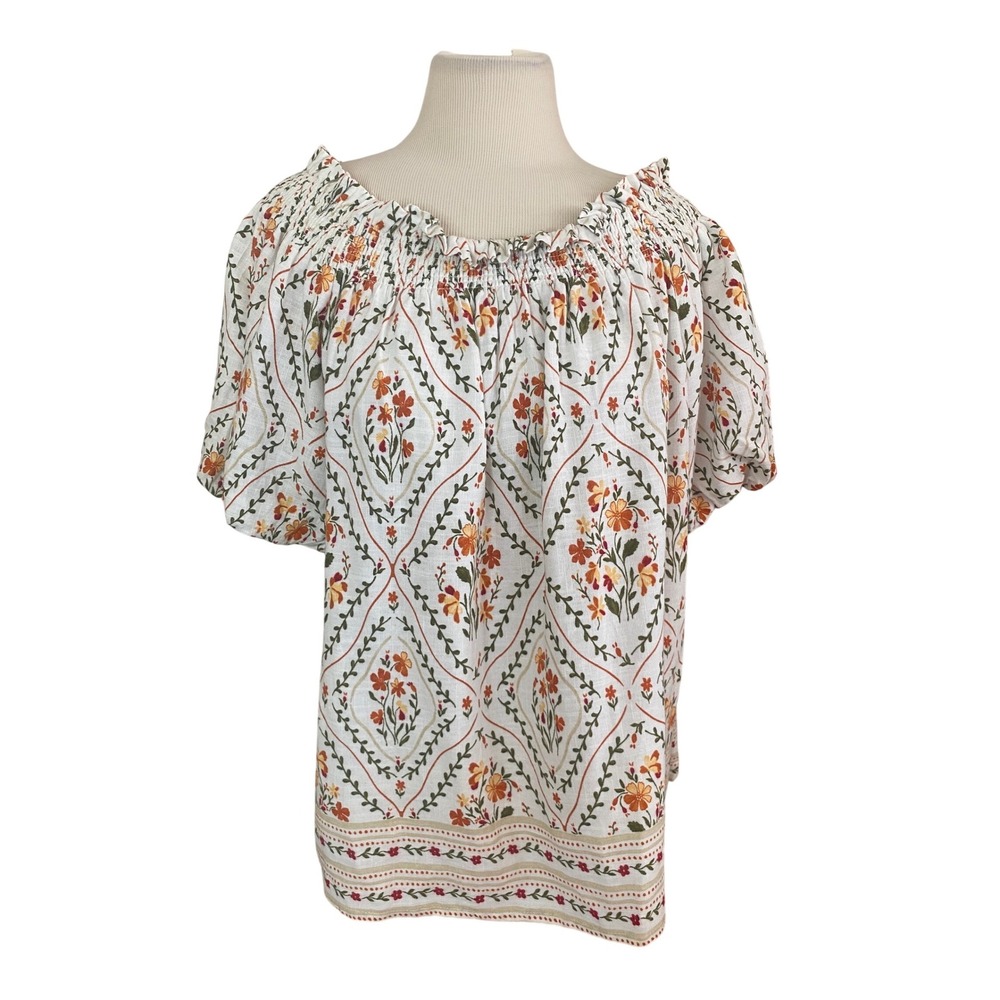 Floral Smocked Square Neck Puff Sleeve Blouse Orange Green Boho peasant sz